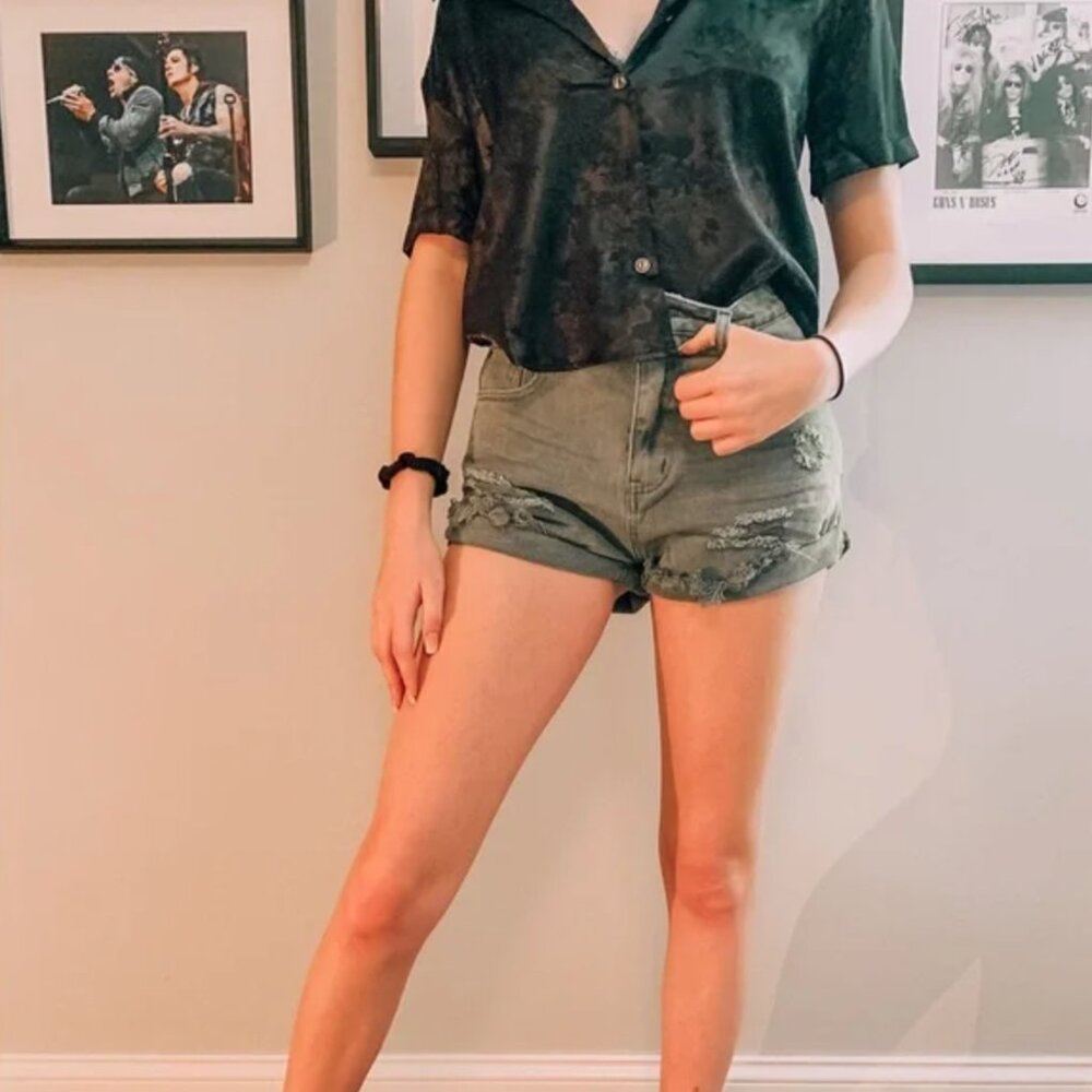 Mustard Seed Distressed Olive Green Denim Shorts - Picture 4 of 6